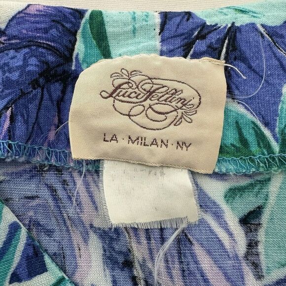 Luci Fellini Womens Vintage 80s Shirt Dress Size M Blue Green Tropical Pockets - Picture 6 of 11